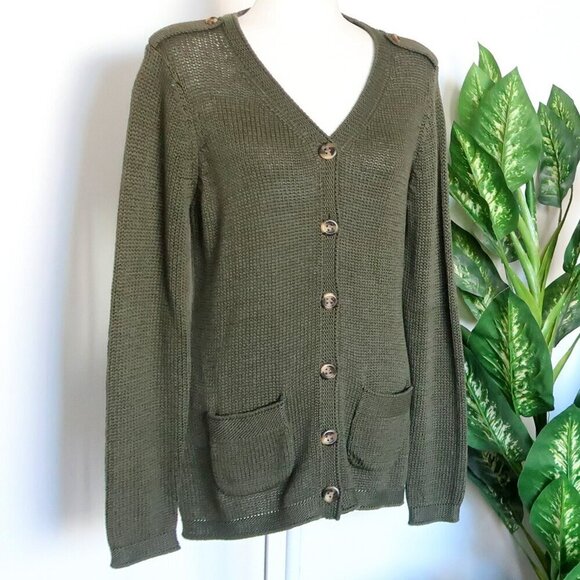Talbots Military Green 100% Cotton Knit Tortoise Button Sweater Cardigan M - Picture 1 of 11